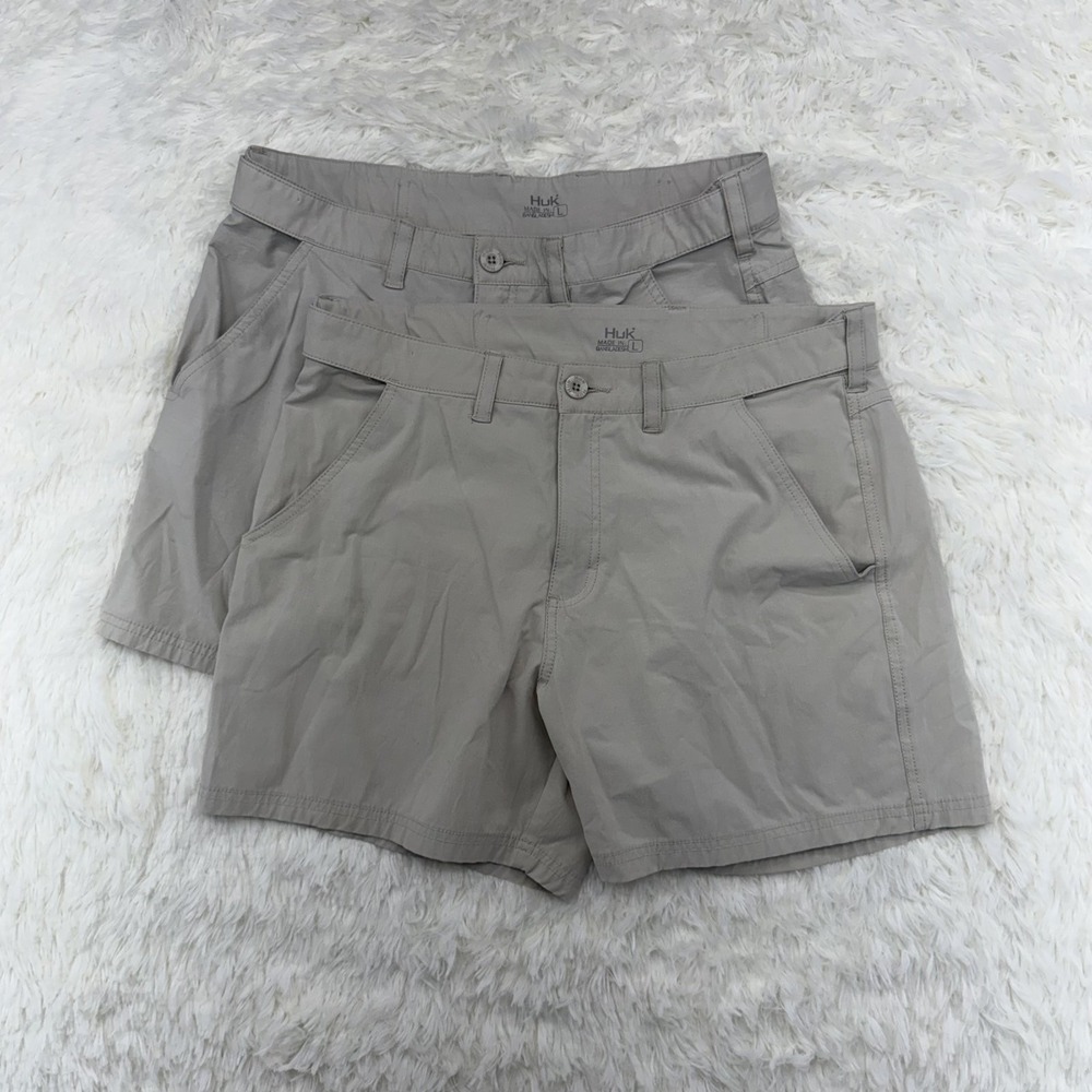 Lot Of 2 Huk Performance Fishing Shorts Mens L Khaki Tan Quick Dry Stretch